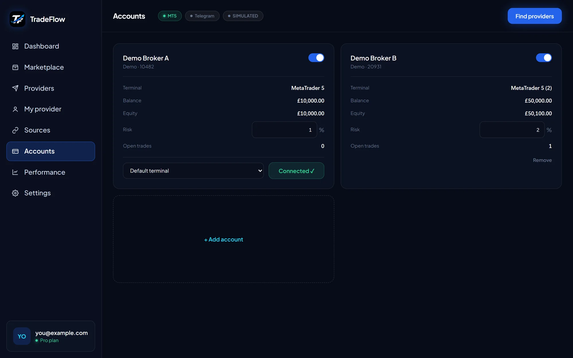 Two MT5 accounts side by side, each with its own risk percentage